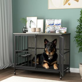 Modern Kennel Dogs room up to 80 LB, Dog crate furniture with Multi-Purpose Rremovable Ttray, Double-Door Dog House, lift Panel, 360 Degree Rotation - (Color: Antique Gray)